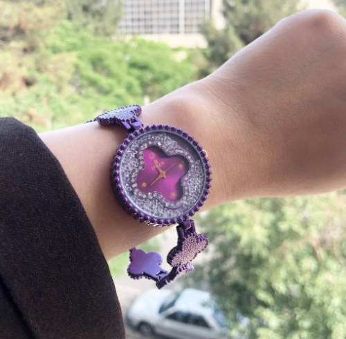 ساعت زنانه مجلسی بندفلزی بنفش نگین دار 369200