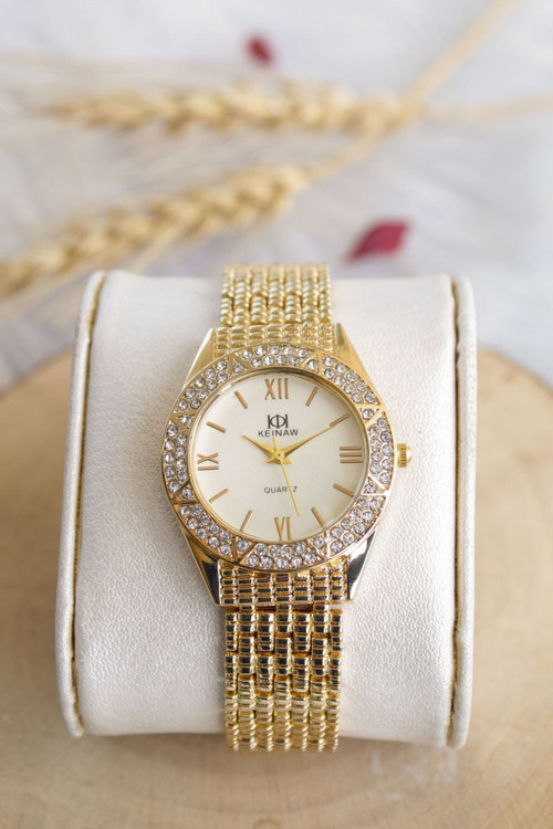 ساعت زنانه بندطلایی صفحه سفید نگین دار مجلسی 369202