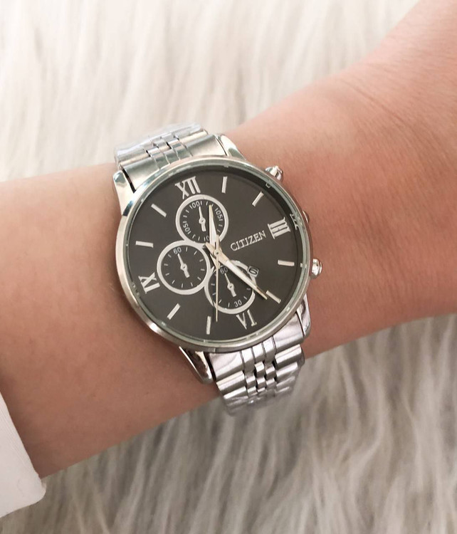 ساعت سیتیزن بند استیل نقره ای صفحه مشکی 369023