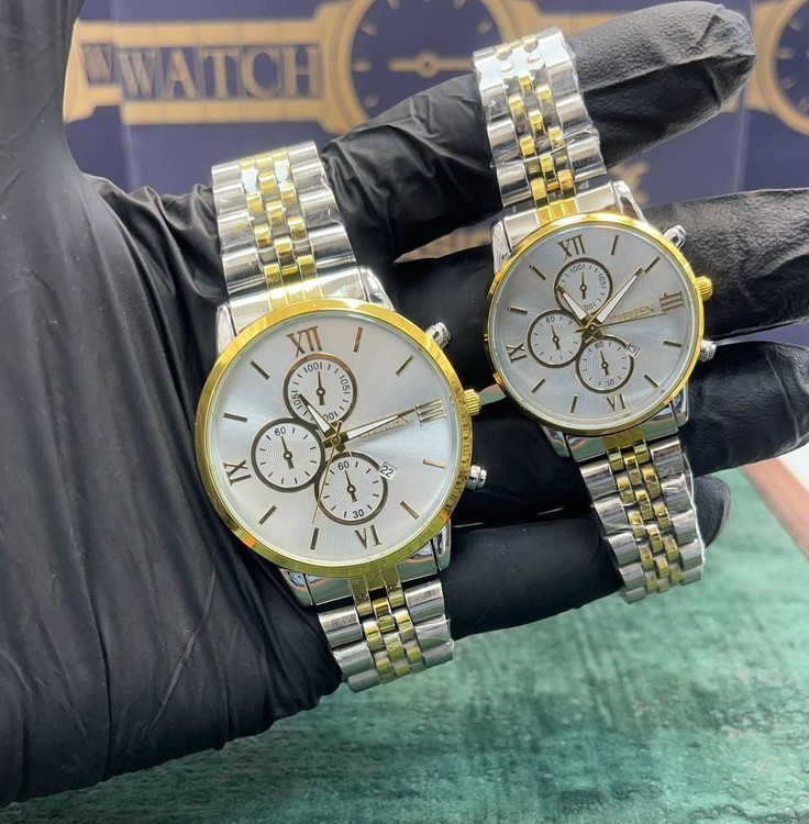 ست ساعت زنانه و مردانه مارک سیتیزن بنداستیل صفحه نقره ای 369304