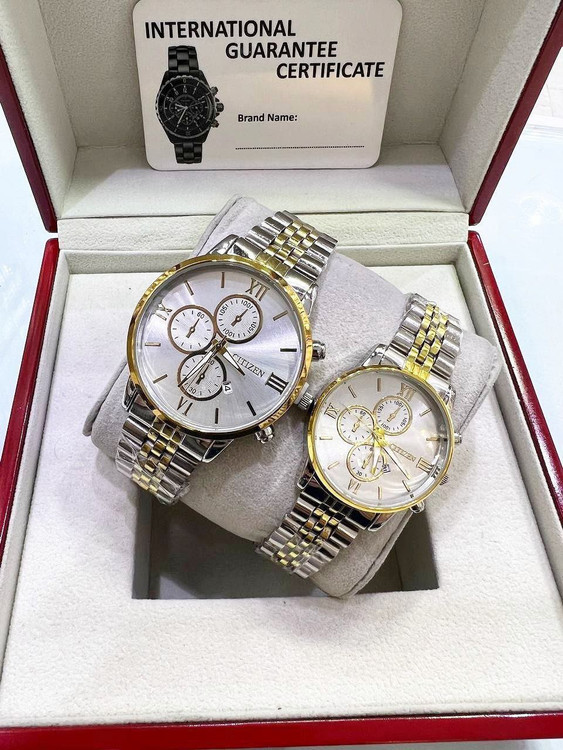 ست ساعت زنانه و مردانه مارک سیتیزن بنداستیل صفحه نقره ای 369304