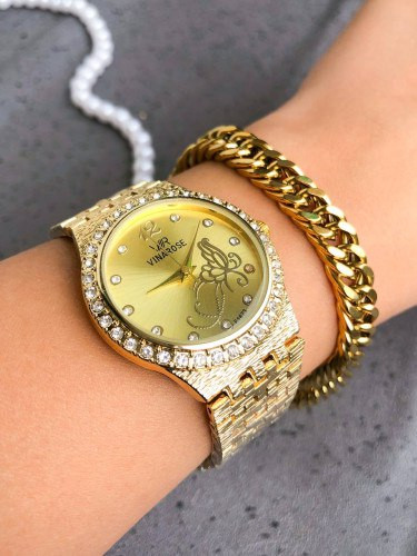 ساعت VINAROSE زنانه نگین دار طلایی همراه با دستبند زنجیری 369288