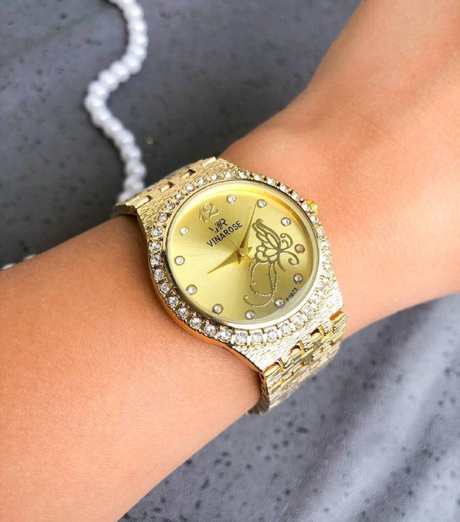 ساعت VINAROSE زنانه نگین دار طلایی همراه با دستبند زنجیری 369288