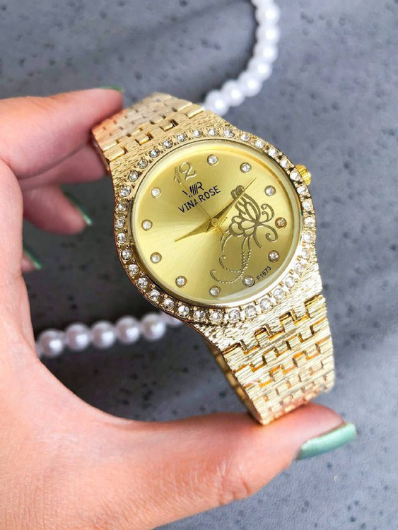 ساعت VINAROSE زنانه نگین دار طلایی همراه با دستبند زنجیری 369288