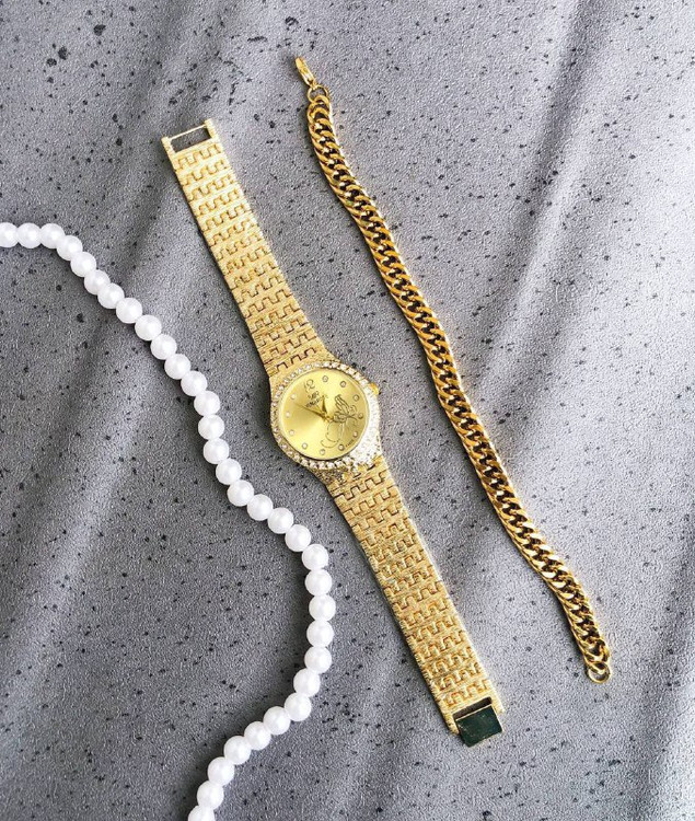 ساعت VINAROSE زنانه نگین دار طلایی همراه با دستبند زنجیری 369288