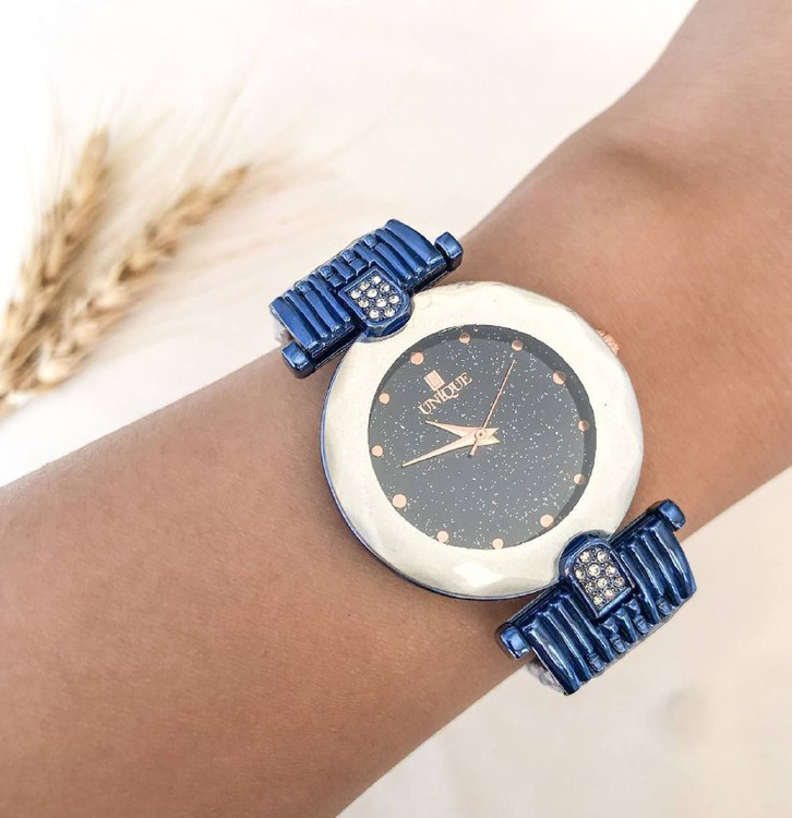 ساعت زنانه یونیک UNIQUE بنداستیل آبی صفحه مشکی 369279