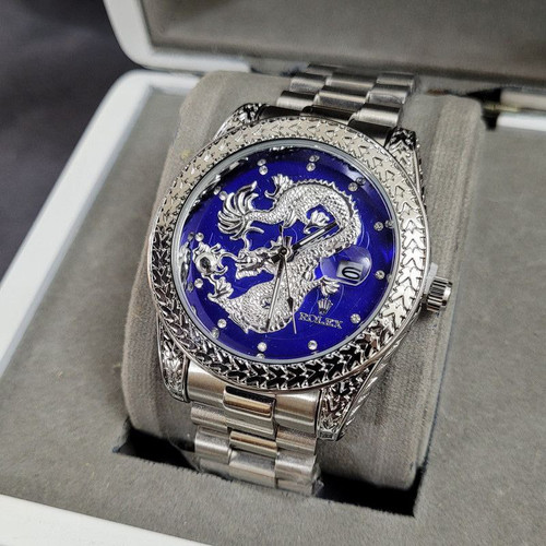 ساعت مچی مردانه مارک رولکس طرح دراگون آبی نقره ای 369272