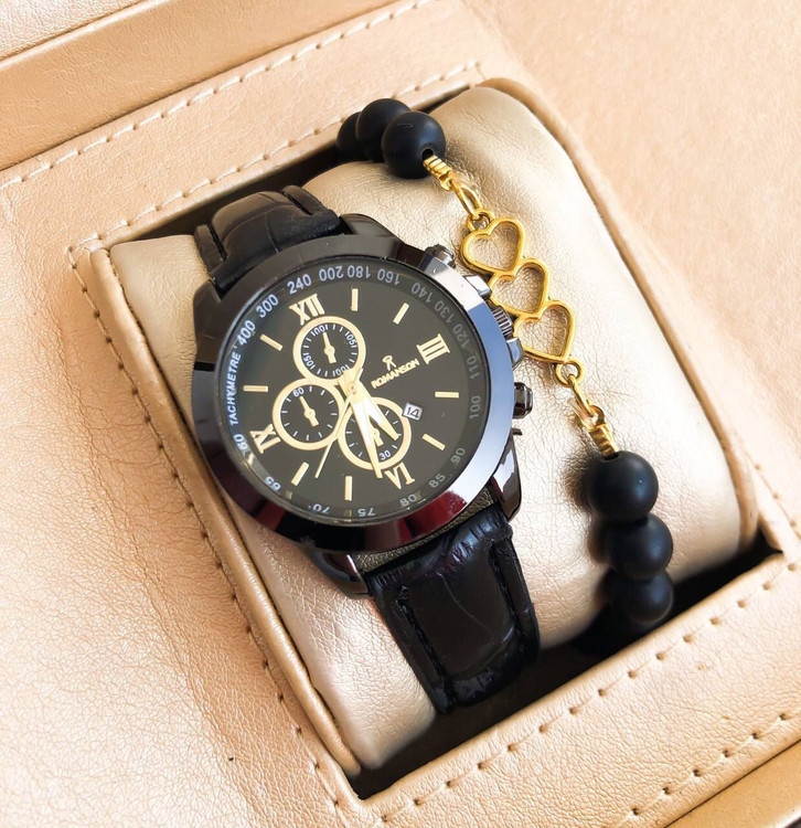 ساعت زنانه بندچرم مشکی صفحه مشکی رومانسون + دستبند 369397