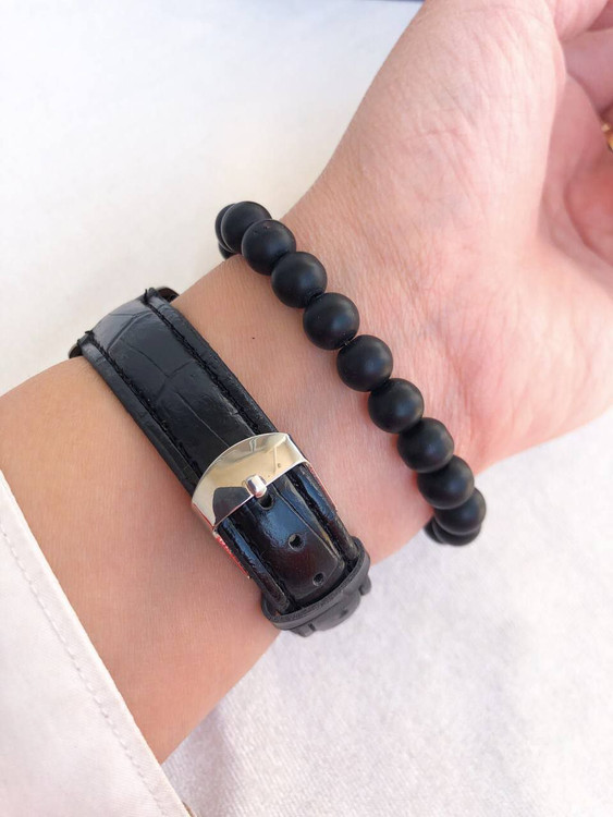 ساعت زنانه بندچرم مشکی صفحه مشکی رومانسون + دستبند 369397