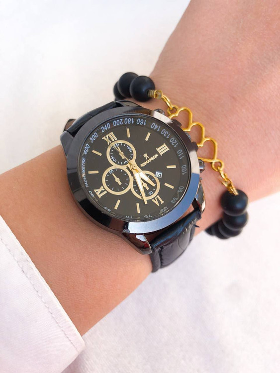 ساعت زنانه بندچرم مشکی صفحه مشکی رومانسون + دستبند 369397