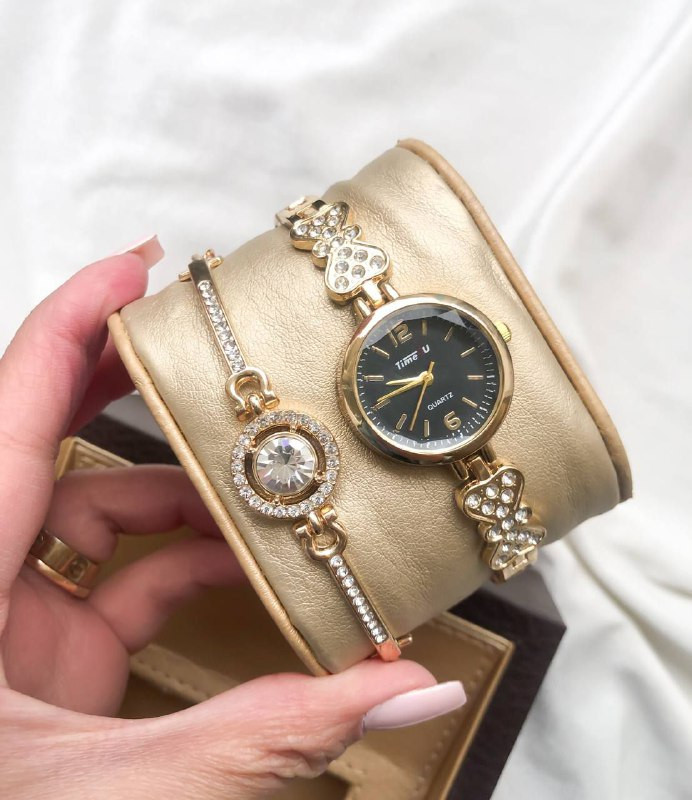ست ساعت زنانه و دستبند طلایی مارک Time4u---- 369435
