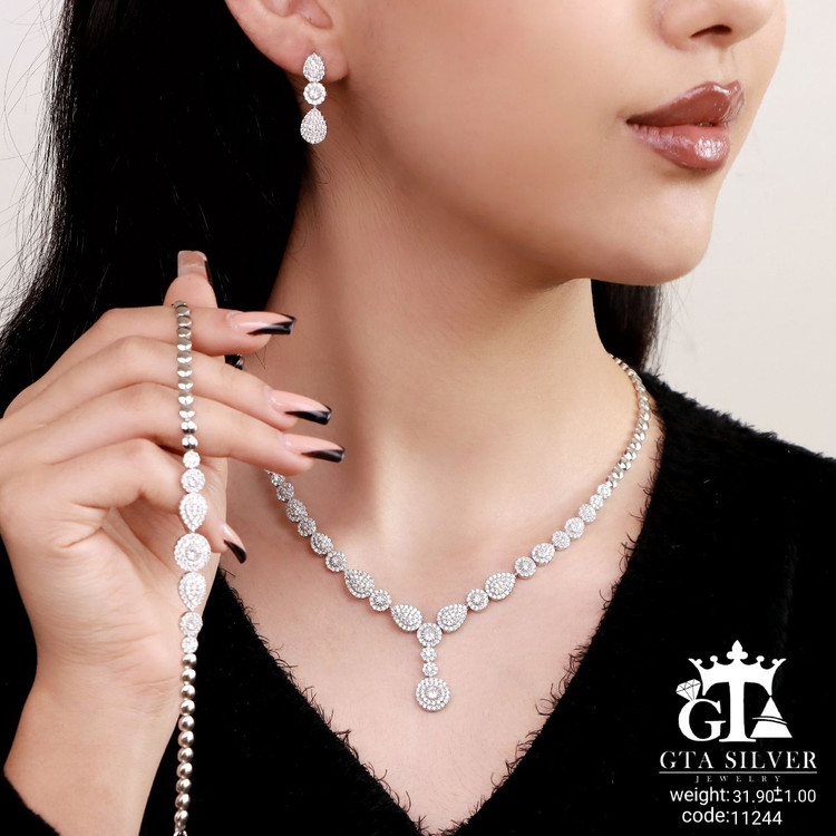 سرویس نقره جواهری مارسا سینه ریز+ گوشواره + دستبند کد 11244