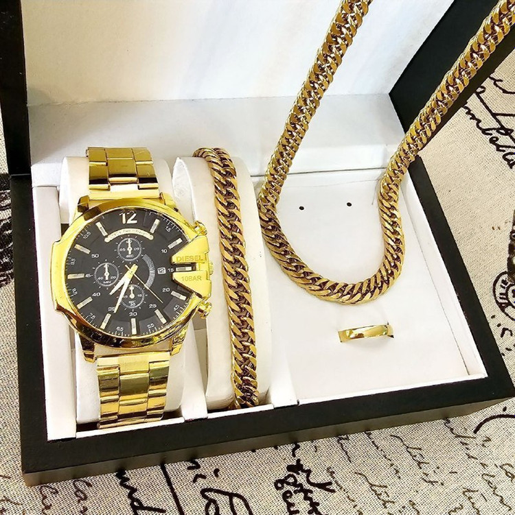 ست ساعت دیزل مردانه بنداستیل طلایی صفحه مشکی +دستبند+ گردنبند+حلقه کد369264
