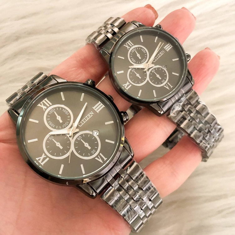 ست ساعت سیتیزن زنانه و مردانه باهم بند مشکی صفحه مشکی کد 24180
