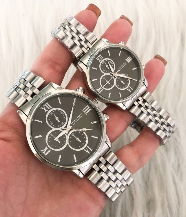 ست ساعت سیتیزن زنانه و مردانه باهم بند نقره ای صفحه مشکی کد 59191