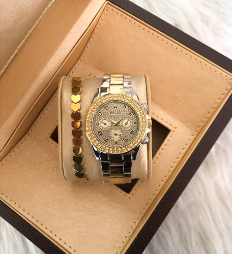 ساعت زنانه نگین دار بندفلزی دورنگ طلایی صفحه طلایی مارک ROLEX