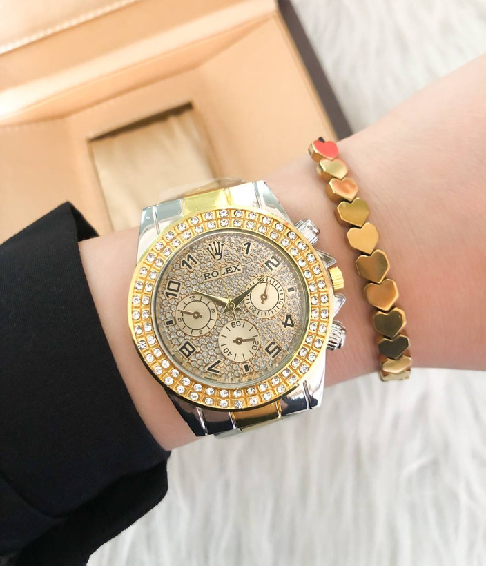 ساعت زنانه نگین دار بندفلزی دورنگ طلایی صفحه طلایی مارک ROLEX