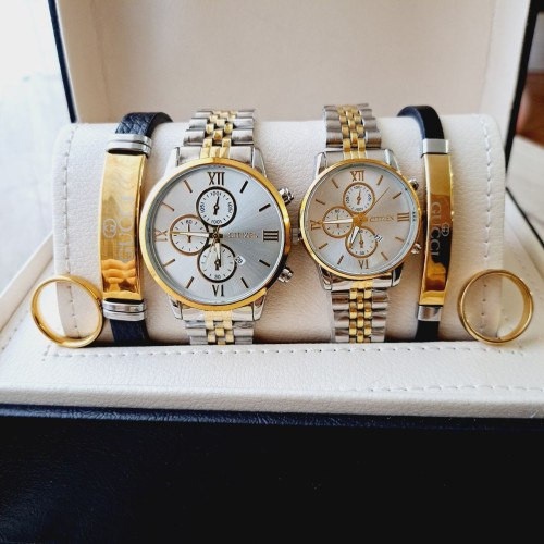 ست ساعت زنانه و مردانه مارک سیتیزن صفحه سفید همراه با دستبند و حلقه کد 369100