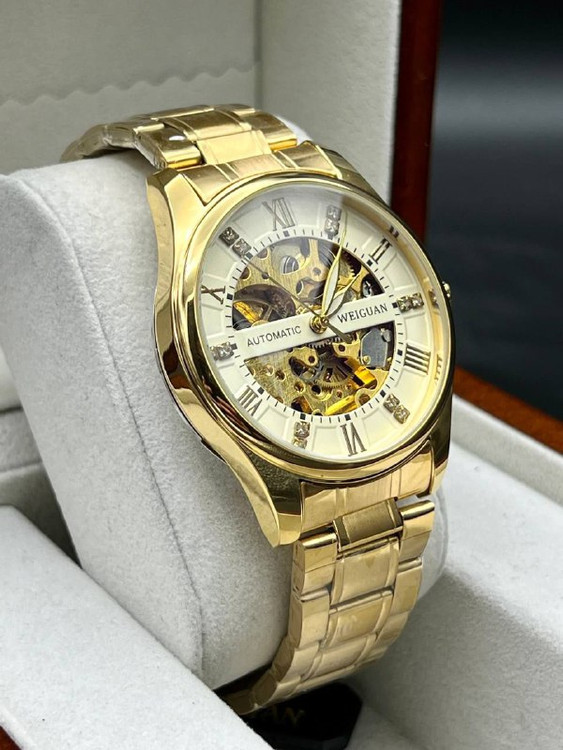 ساعت مردانه برند WELGUAN بند فلزی فول استیل صفحه طلایی