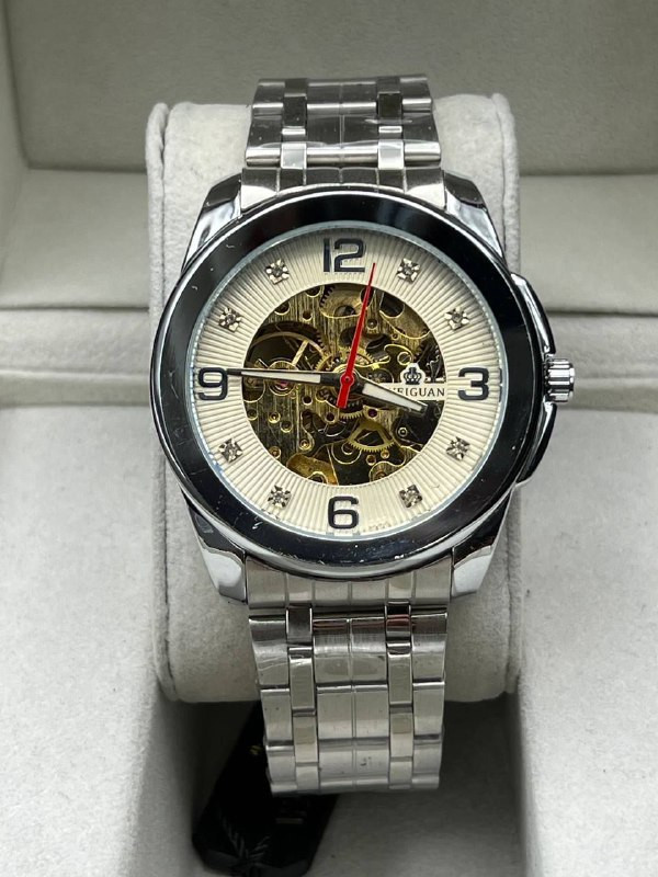 ساعت مردانه برند WELGUAN بند فلزی فول استیل نقره ای صفحه سفید