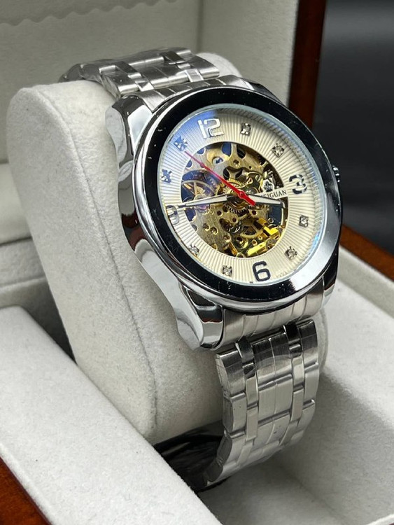 ساعت مردانه برند WELGUAN بند فلزی فول استیل نقره ای صفحه سفید