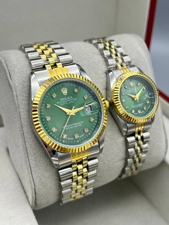ست ساعت مچی رولکس زنانه و مردانه دورطلایی و بند دورنگ صفحه سبز