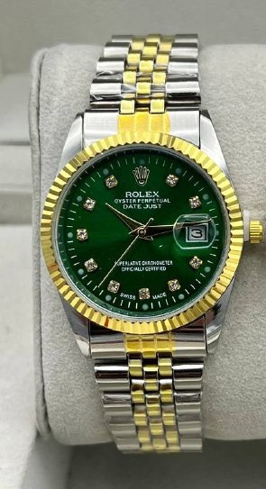 ست ساعت مچی رولکس زنانه و مردانه دورطلایی و بند دورنگ صفحه سبز