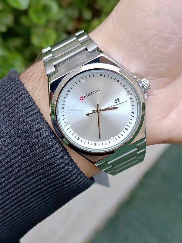 ساعت مچی مردانه صفحه بزرگ گرد بند نقره ای برند maimashi