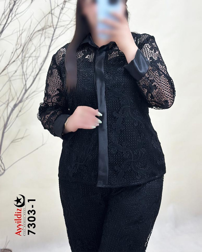 ست دو تیکه شومیز شلوار زنانه گیپور سایز بزرگ کد 7303 (سفارشی دوز 10 روز کاری)