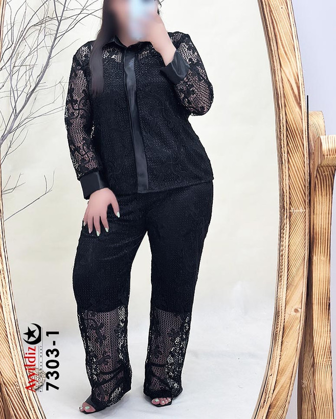 ست دو تیکه شومیز شلوار زنانه گیپور سایز بزرگ کد 7303 (سفارشی دوز 10 روز کاری)